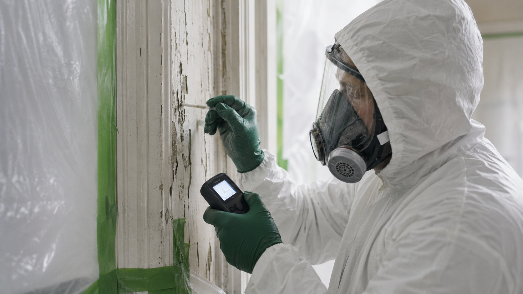 Lead removal worker in full protective equipment scraping deteriorated painted trim in a contained room