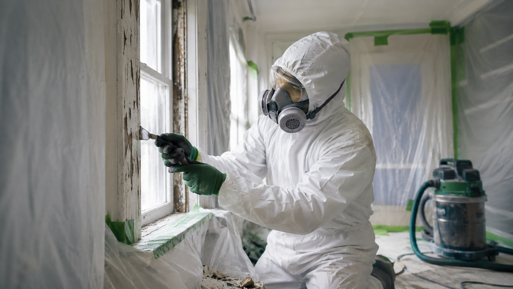 Technician in protective gear testing peeling painted trim during lead inspection and removal work
