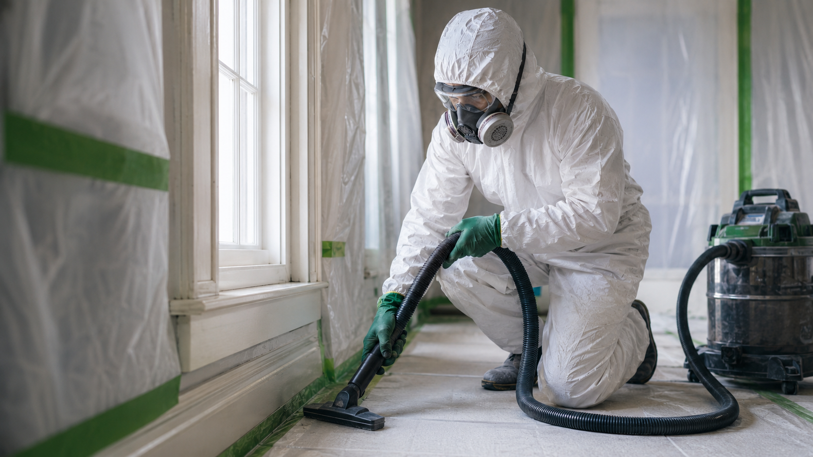 Worker in protective suit using a vacuum for cleanup during lead removal inside a contained renovation area