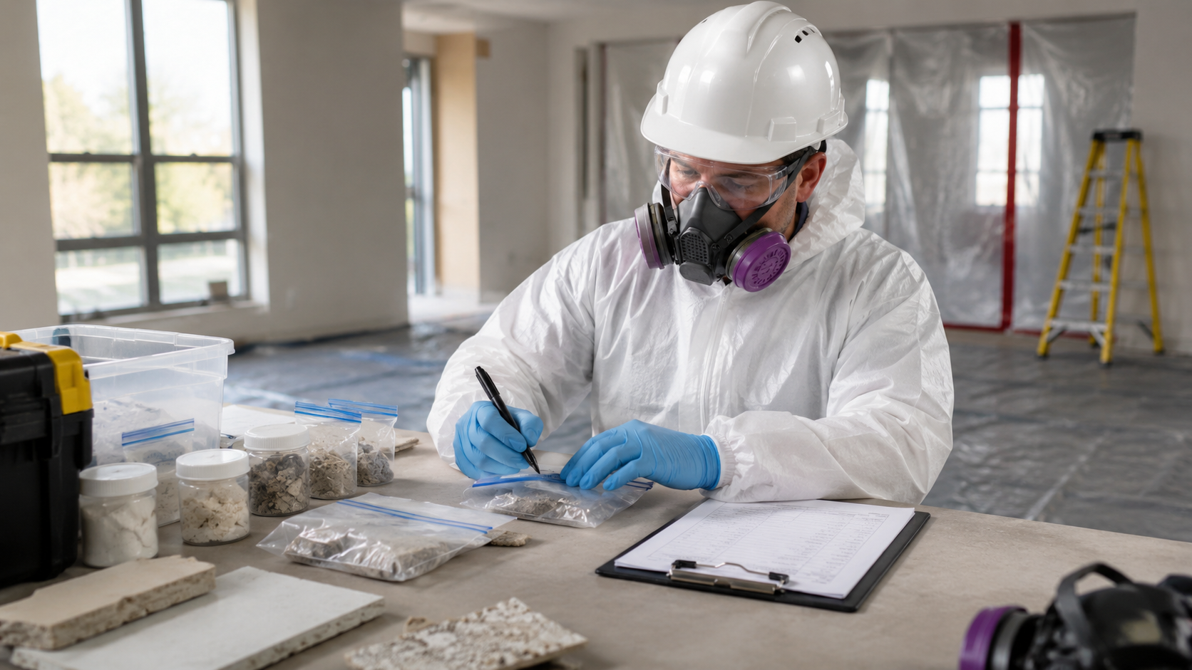 Asbestos testing professional labeling sealed material samples during inspection