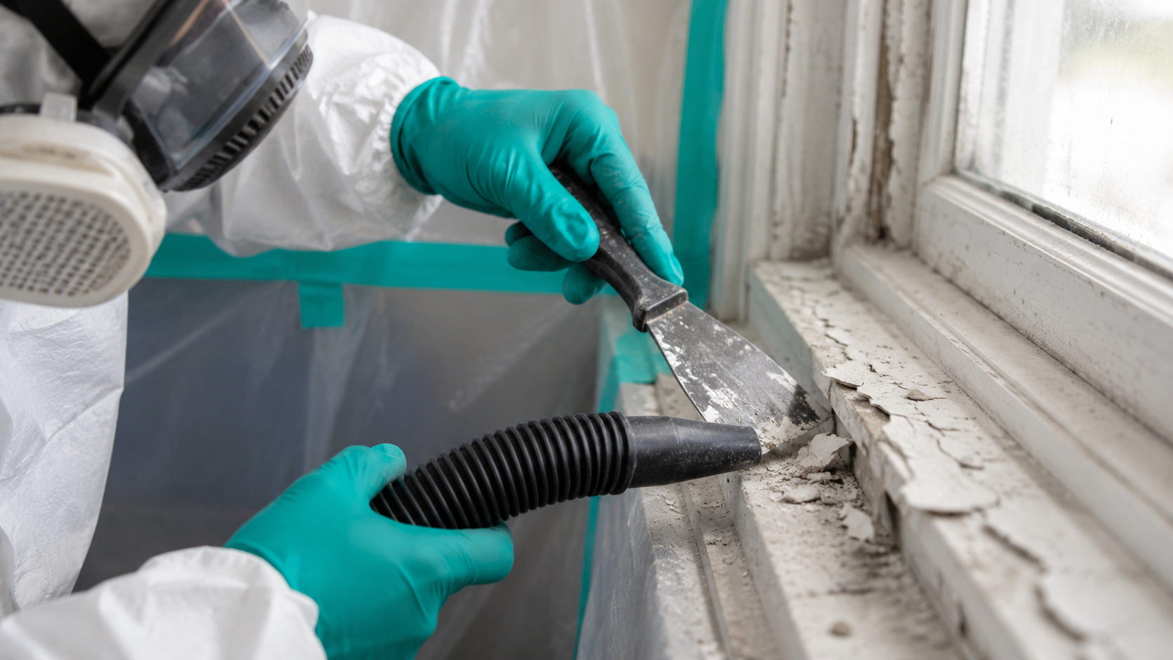 Close-up of professional lead paint removal from a window frame