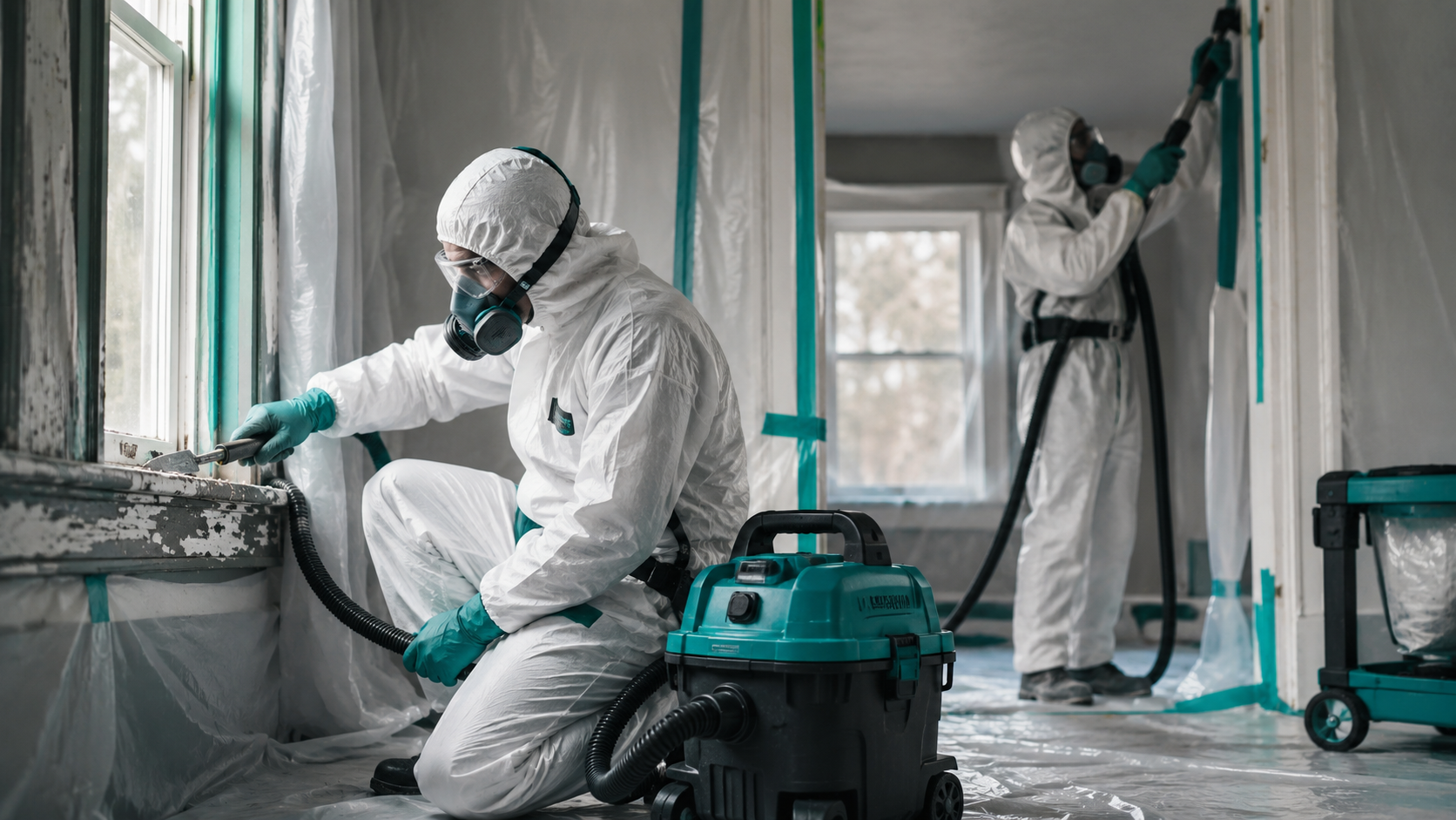 Lead abatement technician removing old paint from a window